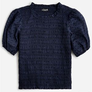 J Crew navy and white polka dot top puff sleeve and  textured voile smoked top.